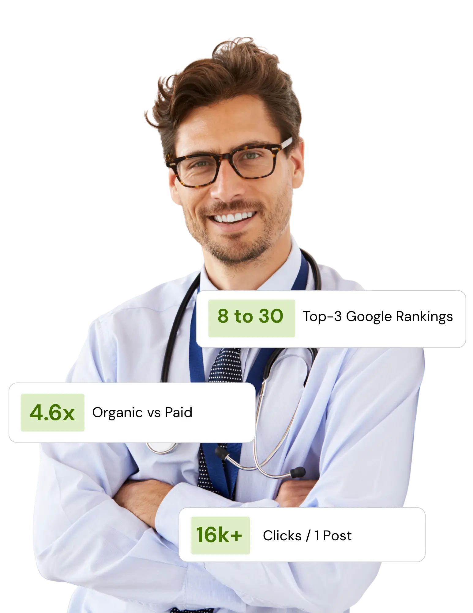 Doctor standing and smiling with seo result numbers overlaying